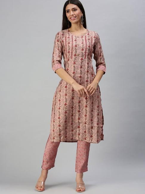 showoff peach printed straight calf length kurta with pants