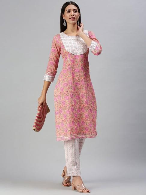 showoff peach printed straight calf length kurta with pants