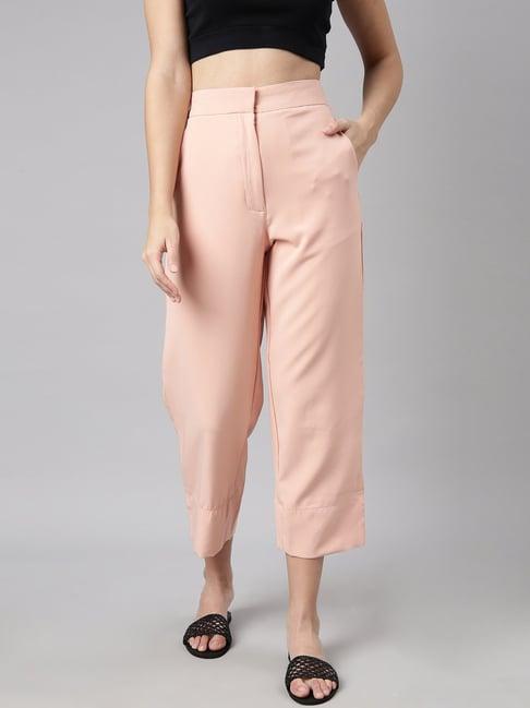 showoff peach straight fit mid rise trousers