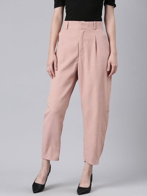 showoff peach straight fit mid rise trouserss