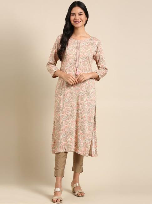 showoff pink & beige paisley print straight kurta