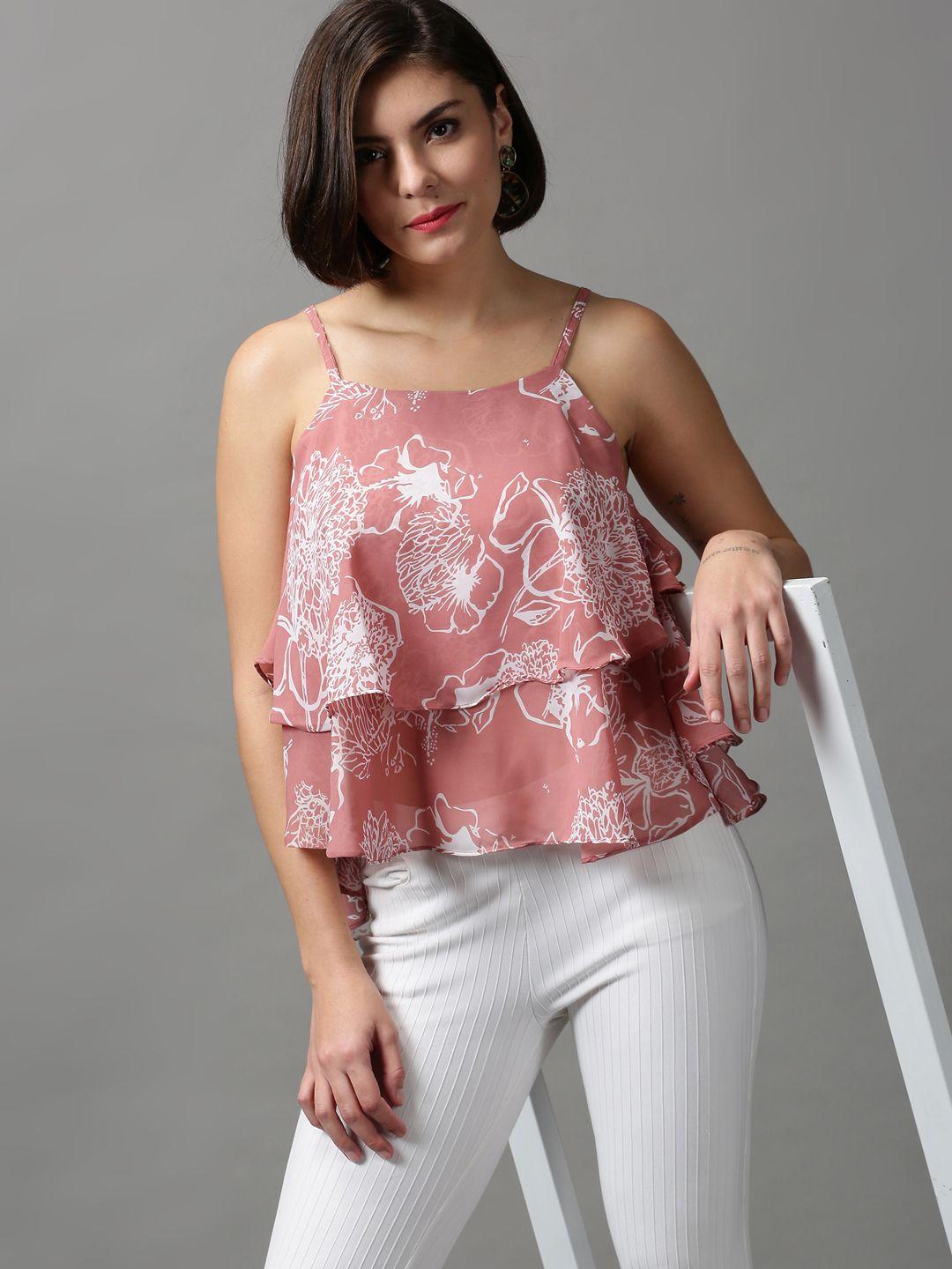 showoff pink & white floral print layered chiffon tiered top