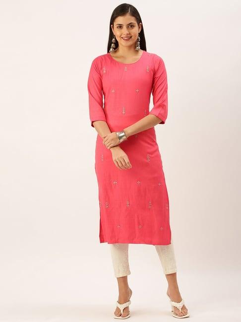 showoff pink cotton embellished calf length straight kurta