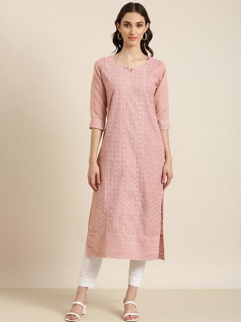 showoff pink cotton embellished kurta