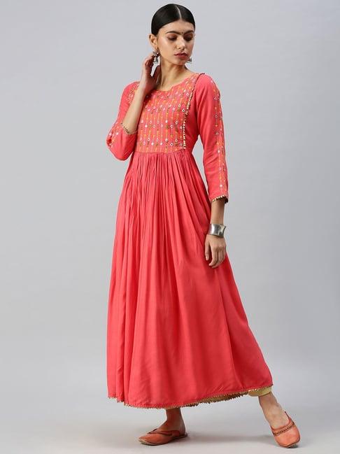 showoff pink cotton embroidered ankle length anarkali kurta