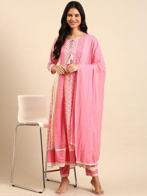 showoff pink cotton embroidered kurta pant set with dupatta