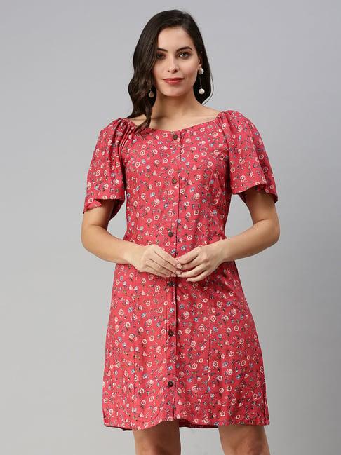 showoff pink cotton floral a line dress