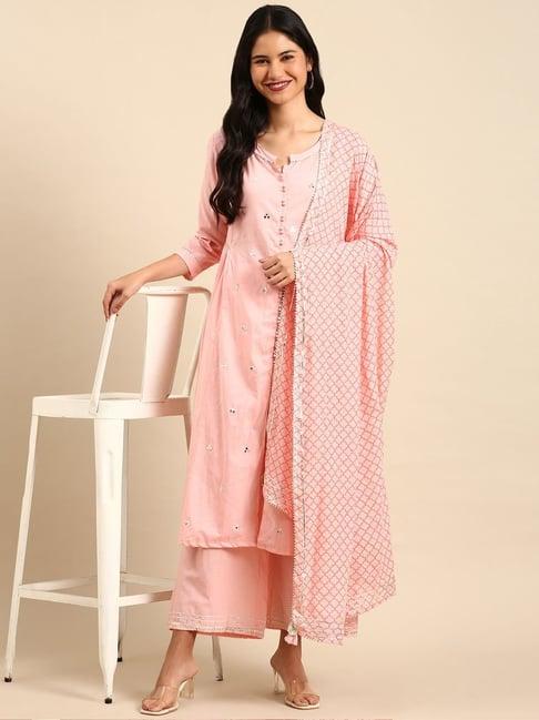 showoff pink cotton kurta palazzo set with dupatta