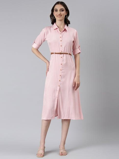 showoff pink cotton regular fit shirt dress