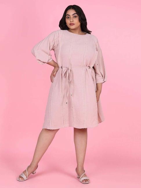 showoff pink cotton striped a-line dress