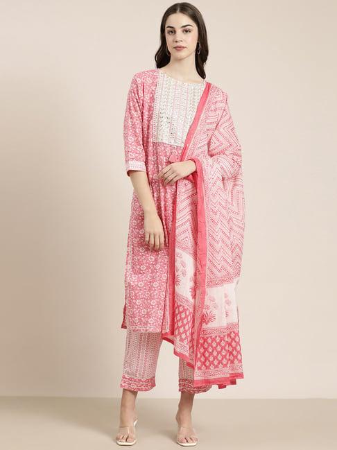 showoff pink embellished kurta with pants & dupatta
