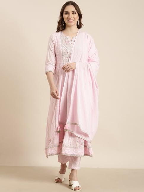 showoff pink embellished kurta with pants & dupatta
