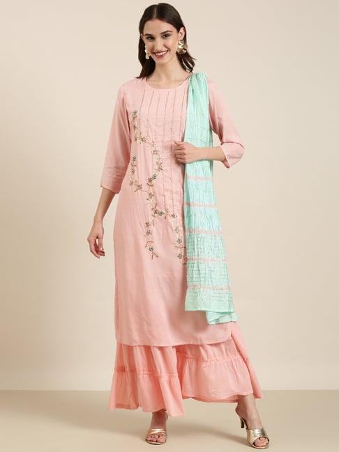showoff pink embellished kurta with sharara & dupatta