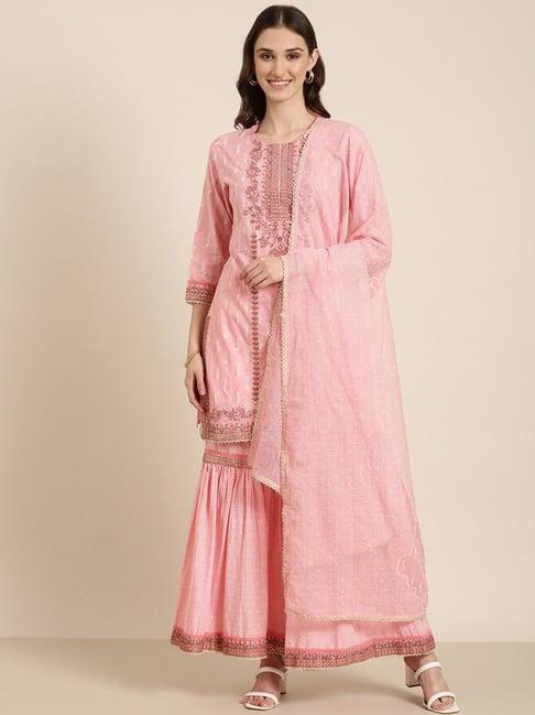 showoff pink embellished kurta with sharara & dupatta