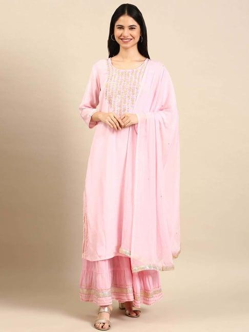 showoff pink embroidered kurta sharara set with dupatta