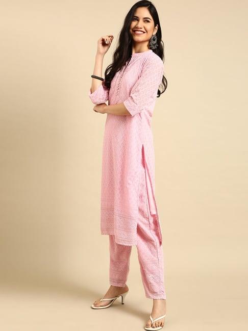 showoff pink embroidered straight calf length kurta with pants