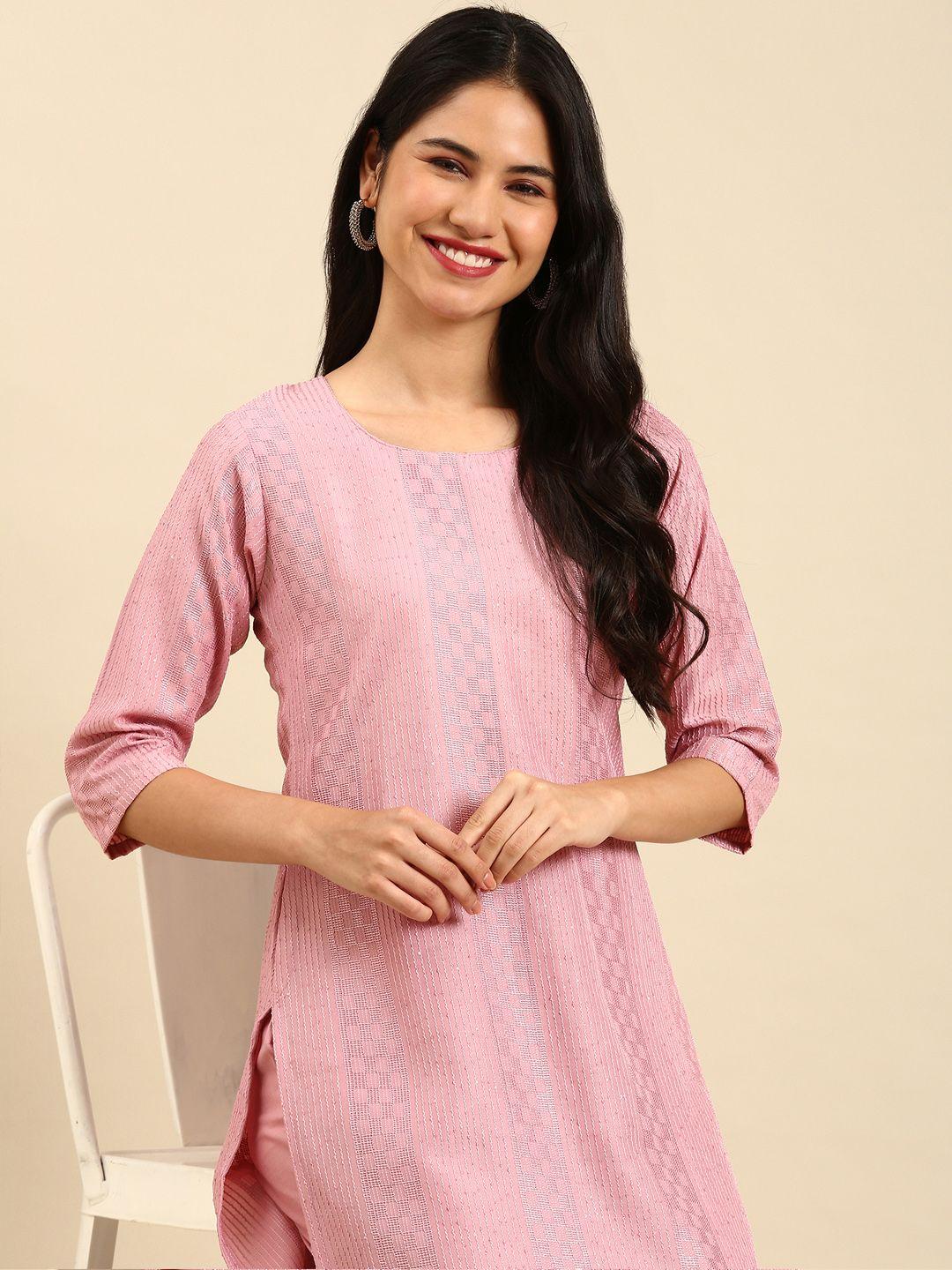 showoff pink embroidered thread work kurta with trouser