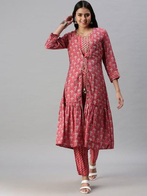 showoff pink floral print above knee straight kurta with pants