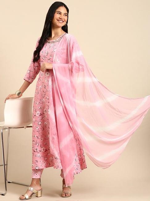 showoff pink printed kurta pant set with dupatta