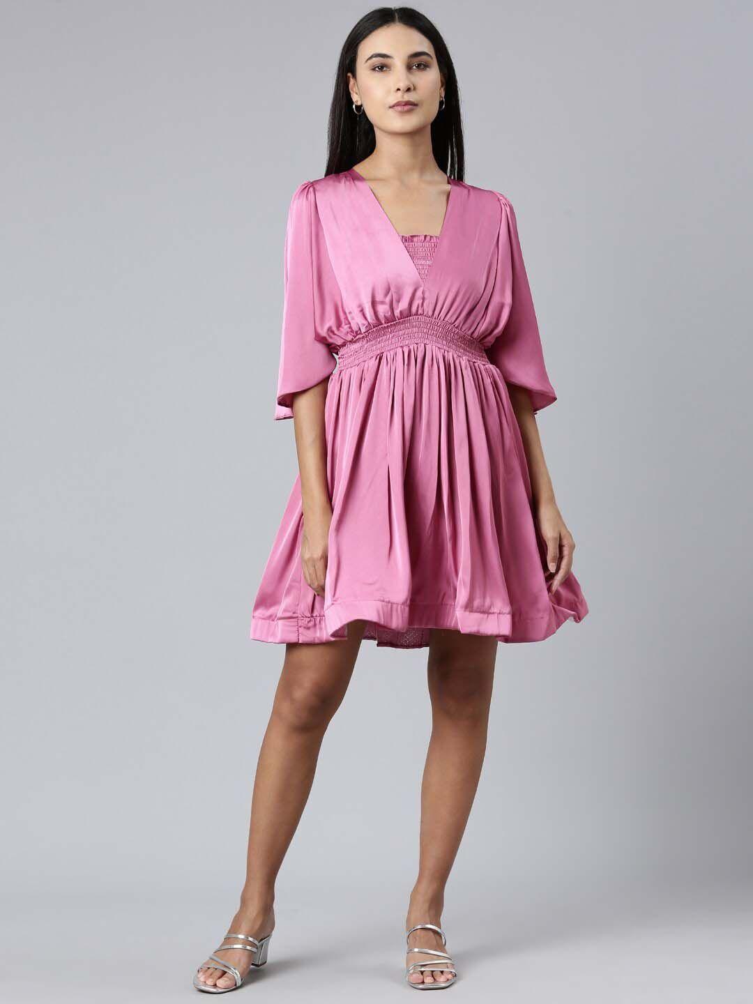 showoff pink puff sleeve satin fit & flare midi dress