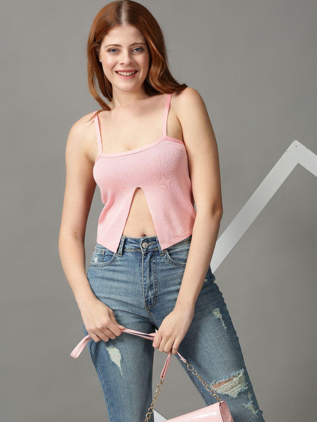 showoff pink shoulder straps acrylic crop top