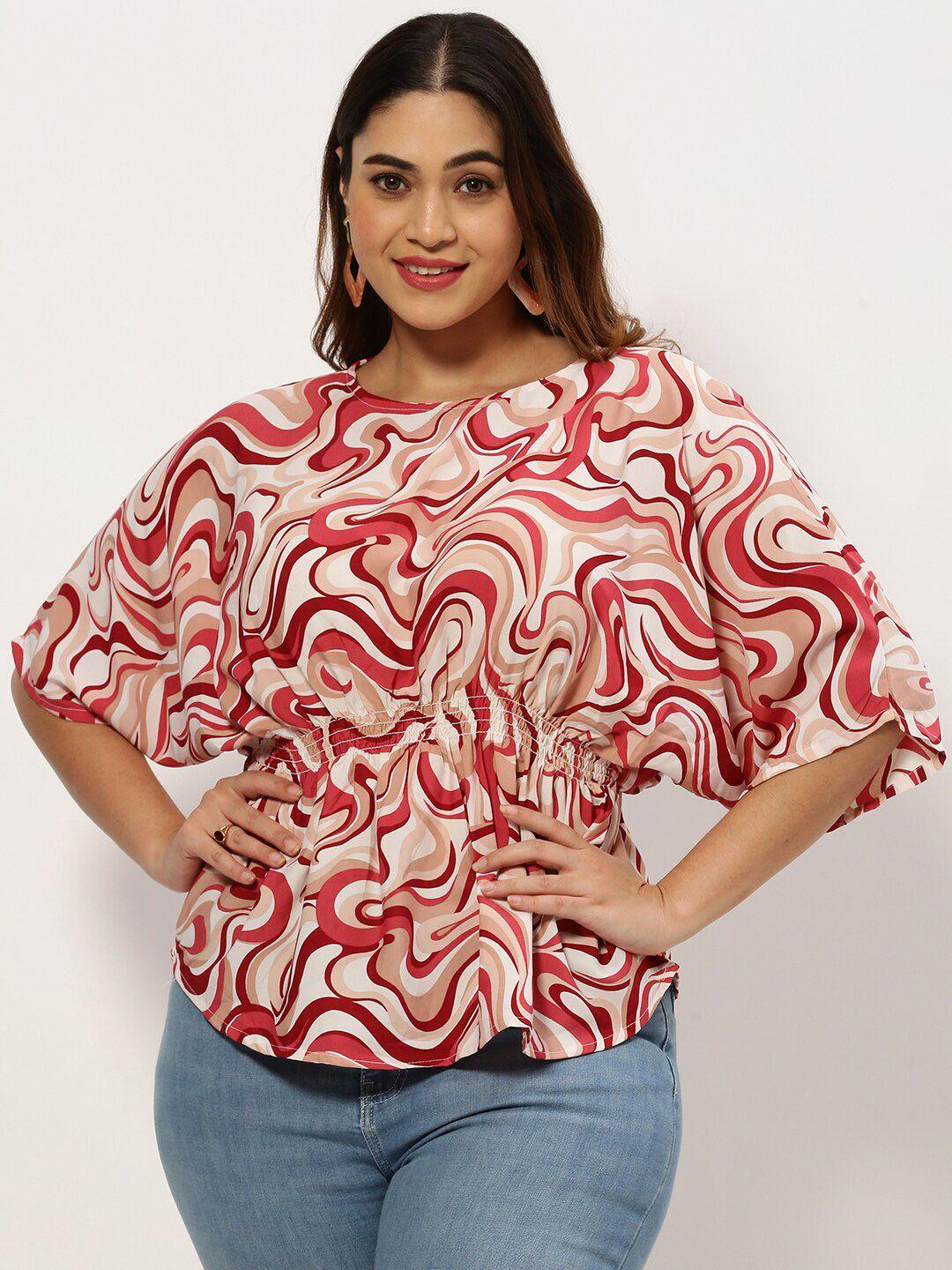 showoff plus abstract printed extended sleeves smocked cinched waist top