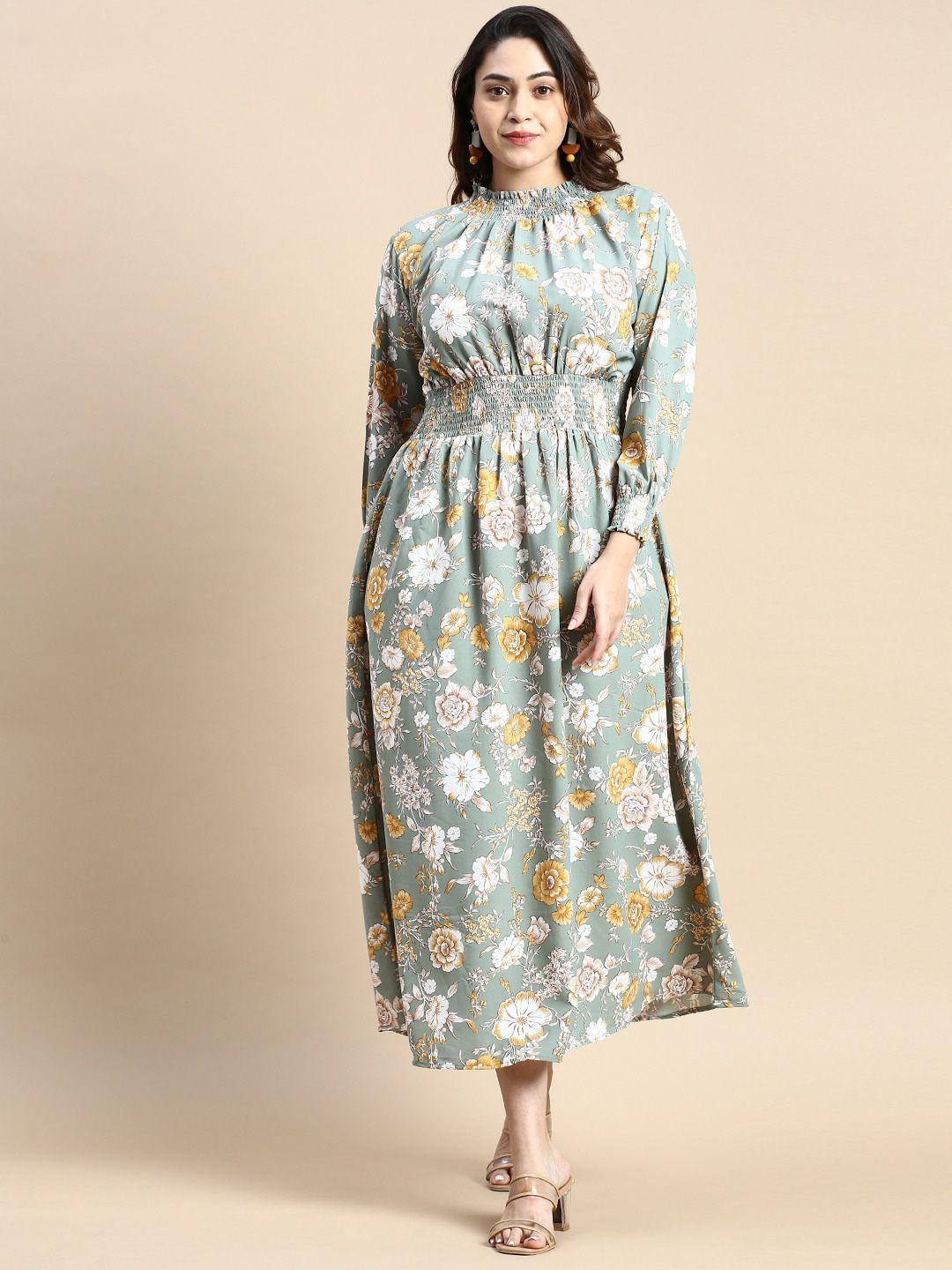 showoff plus floral printed high neck puff sleeves fit & flare midi dress