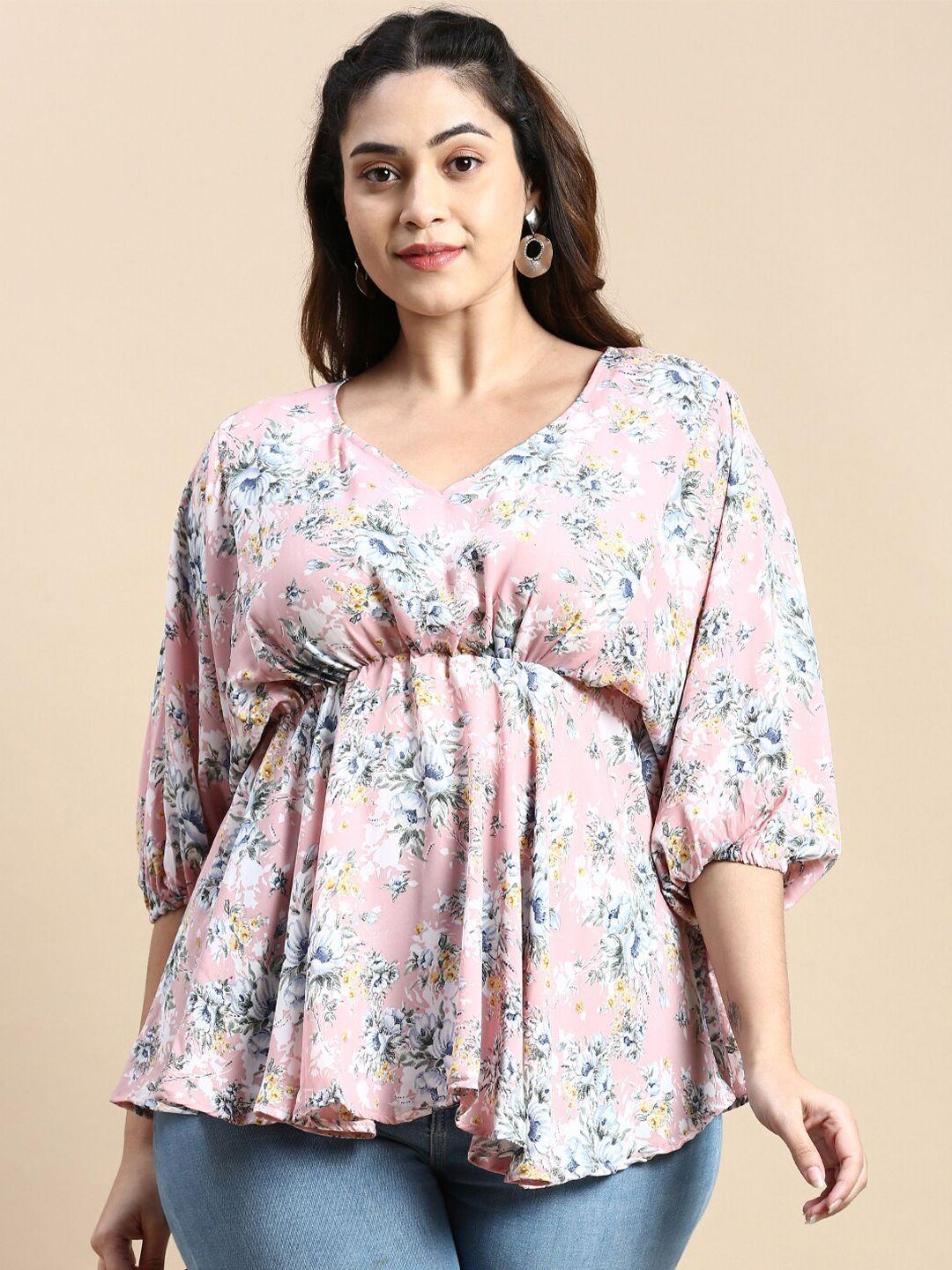 showoff plus floral printed v-neck flared sleeve empire top