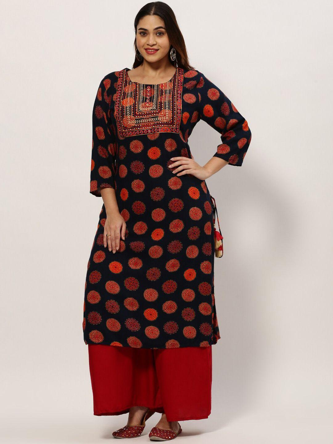 showoff plus plus size ethnic motifs printed thread work straight kurta