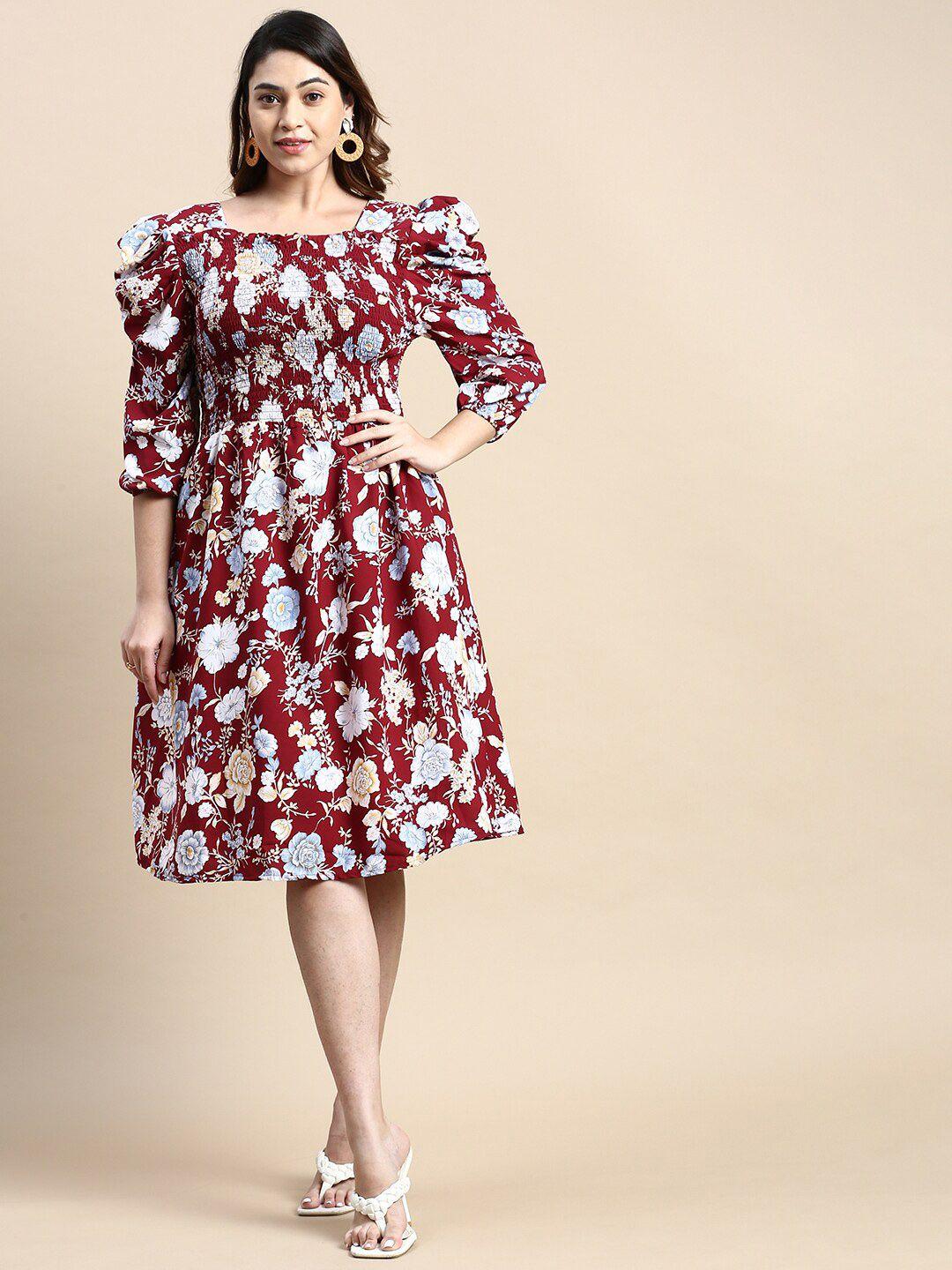 showoff plus plus size floral printed smocked puff sleeve georgette fit and flare dress