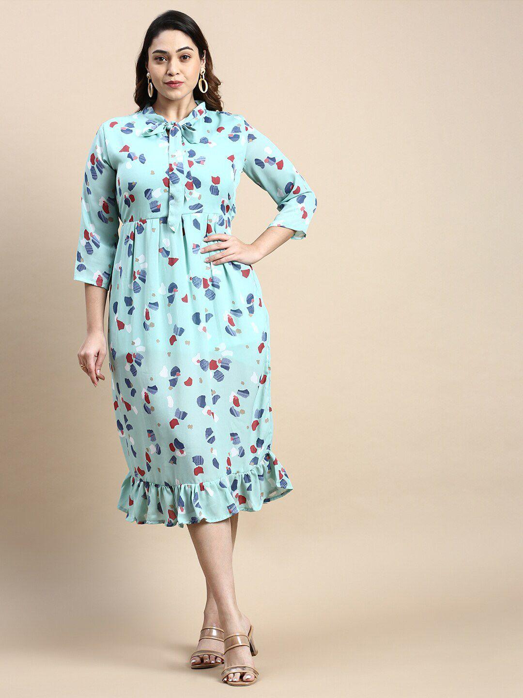 showoff plus printed tie up neck georgette fit & flare dress