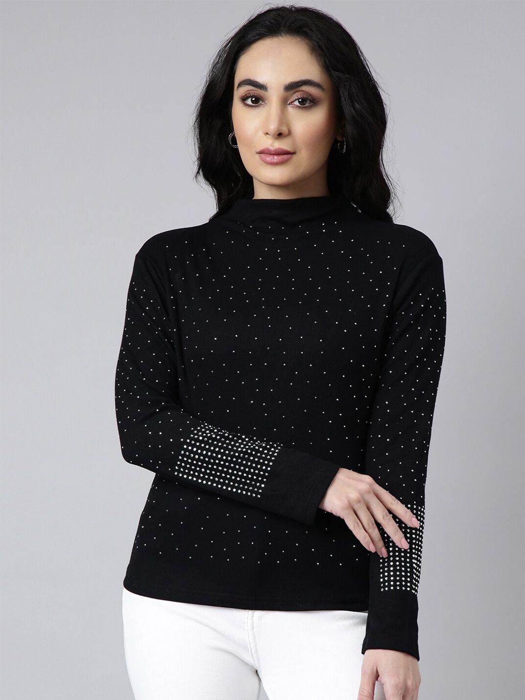 showoff polka dot printed long sleeves high neck casual top