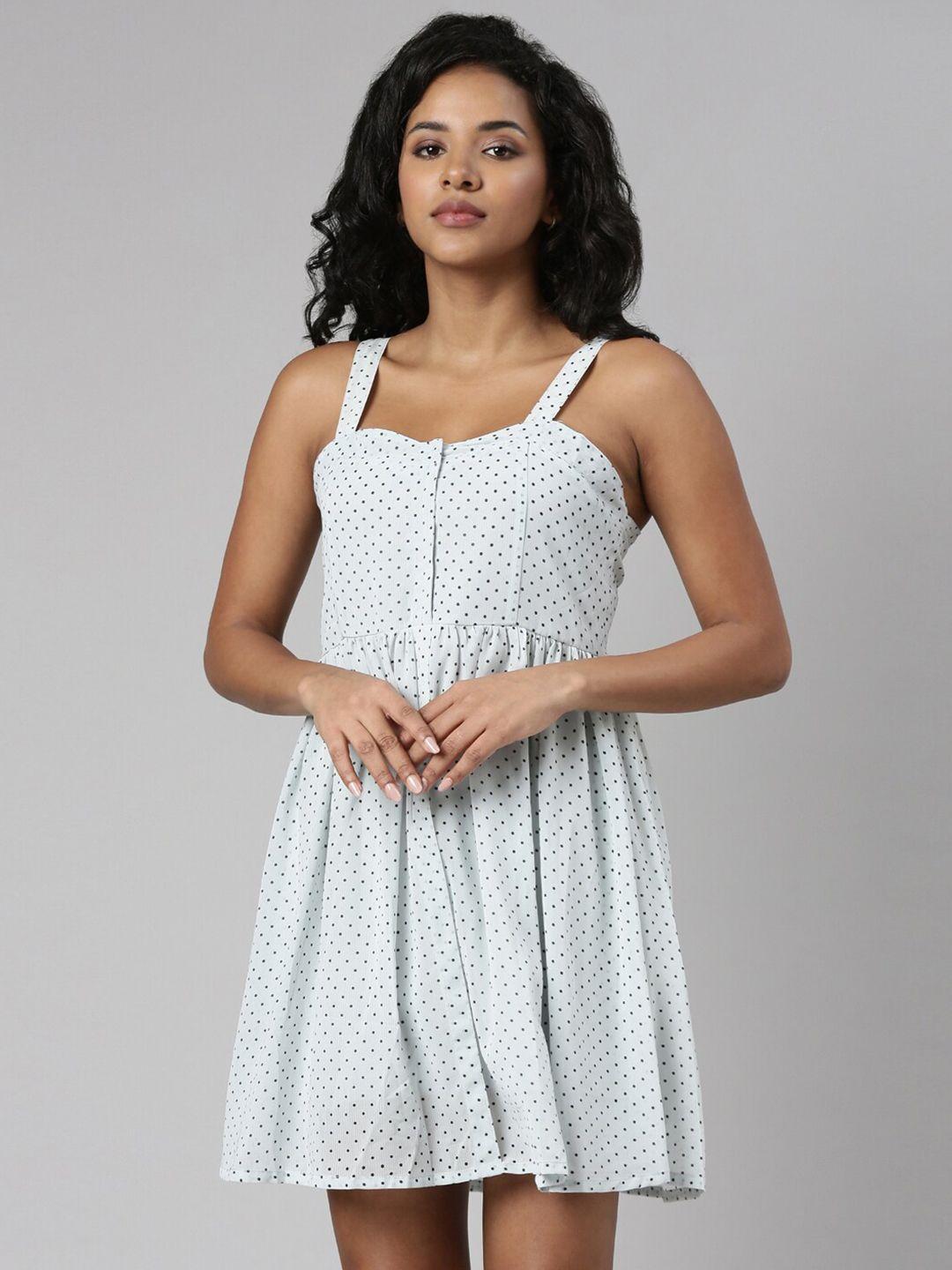 showoff polka dots printed georgette fit & flare mini dress