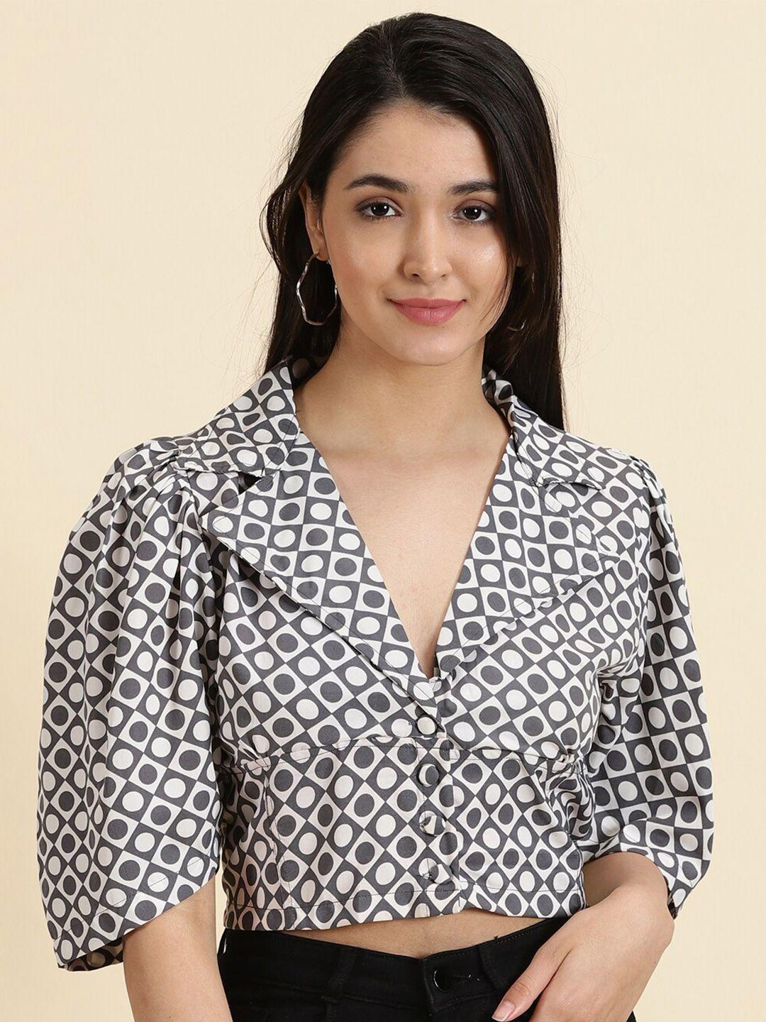 showoff polka dots printed shirt style crop top