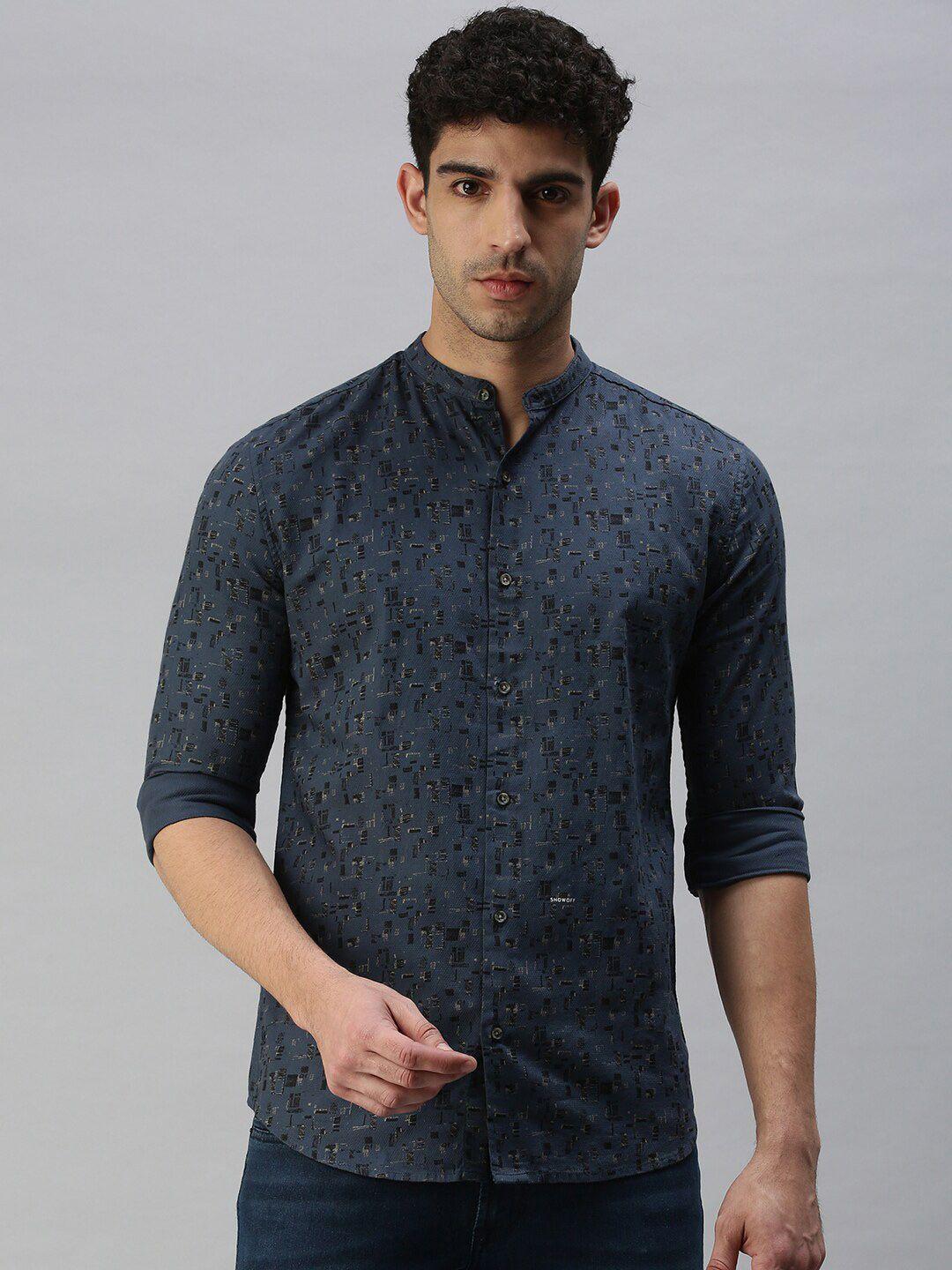 showoff premium fit geometric printed mandarin collar cotton casual shirt