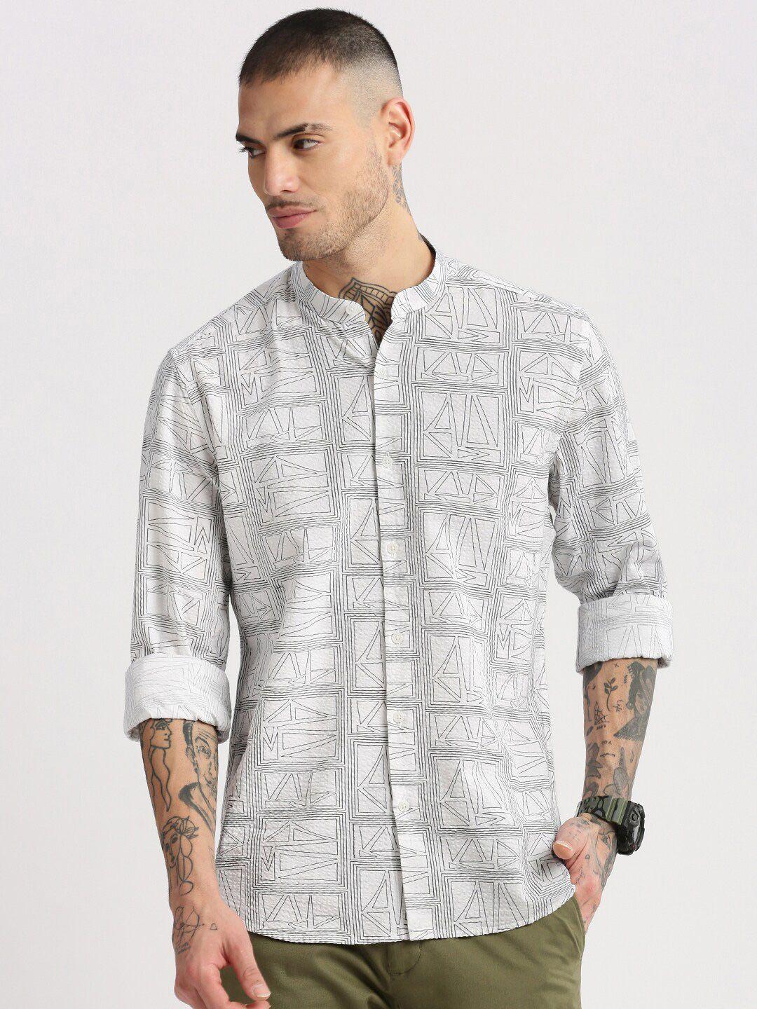 showoff premium geometric printed seersucker slim fit cotton shirt