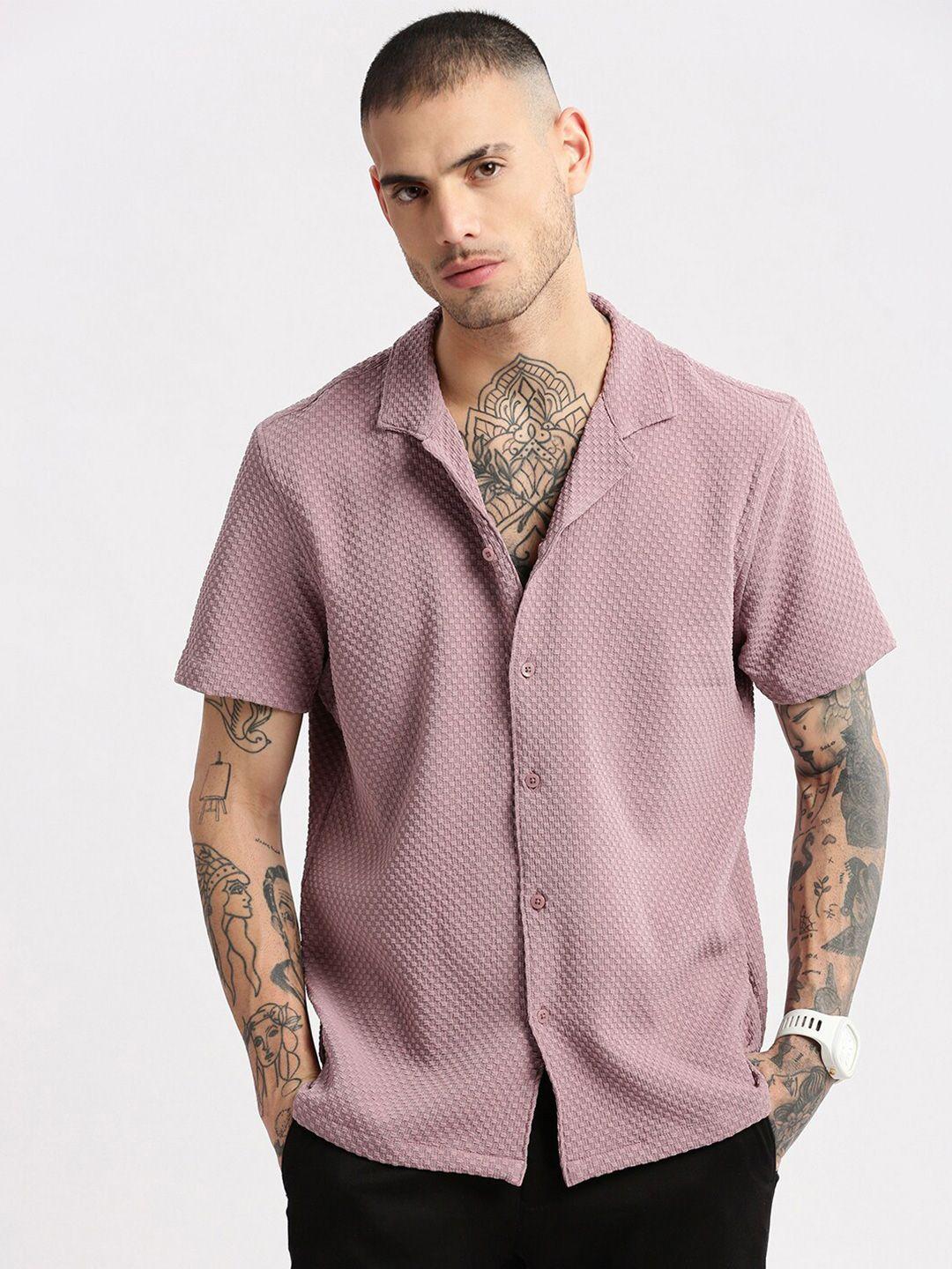showoff premium slim fit self design textured cuban collar seersucker shirt