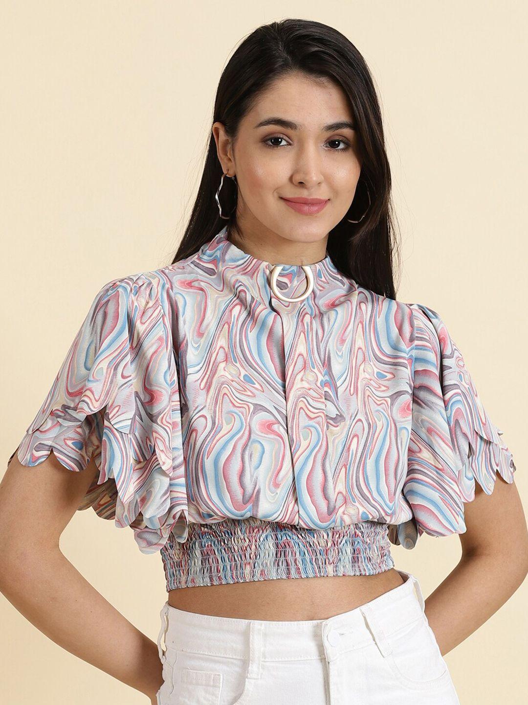 showoff printed high neck collar flutter sleeve crepe blouson crop top