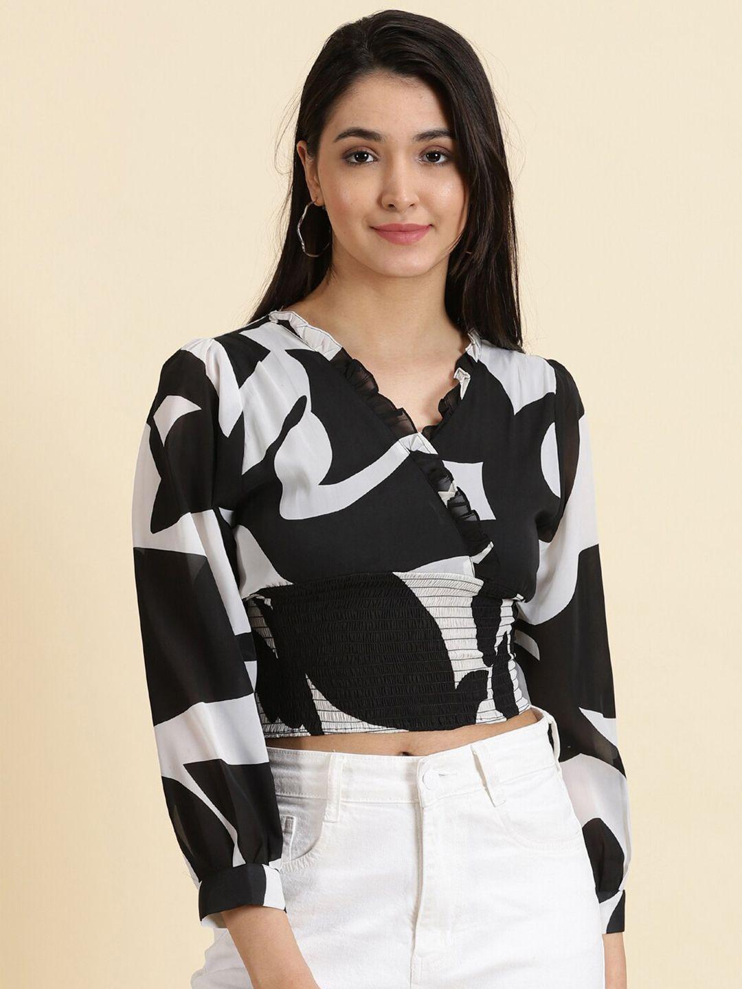 showoff printed puff sleeves cinched waist crop top