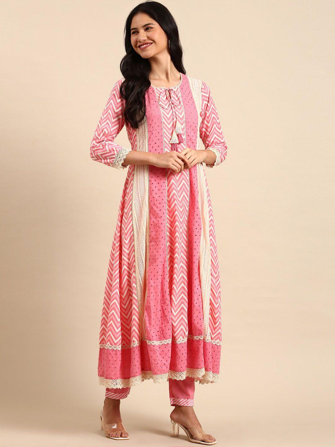 showoff printed tie up neck thread work anarkali kurta with trousers & dupatta