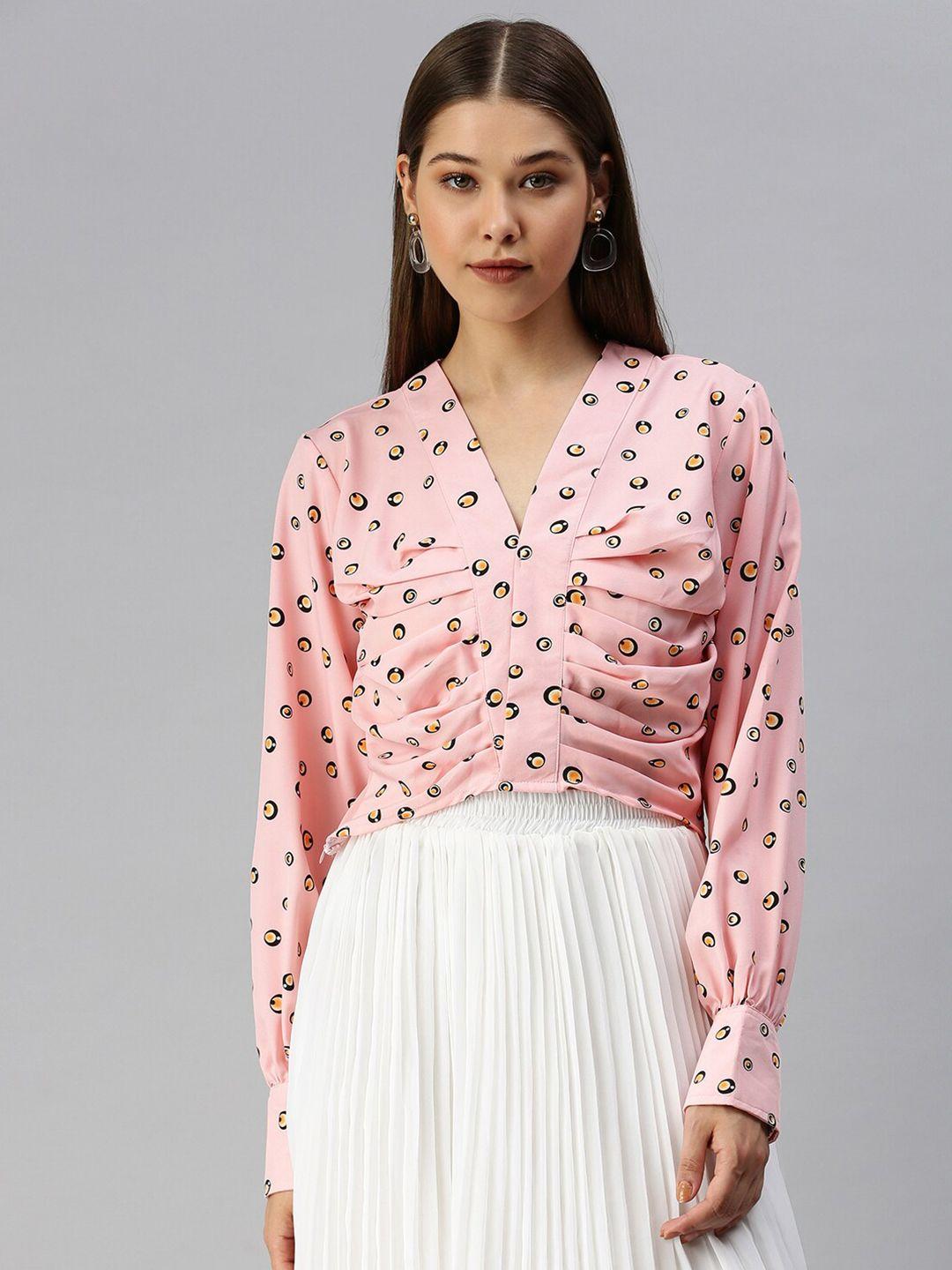 showoff printed v-neck cuffed sleeve crepe crop top