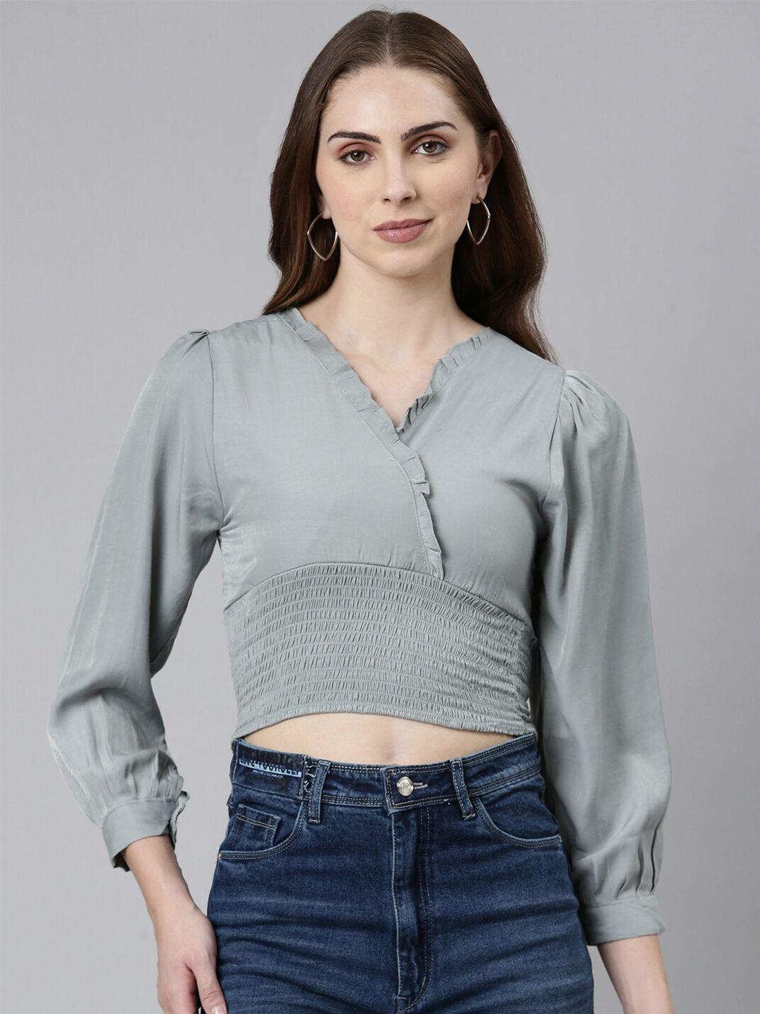 showoff puff sleeve smocked crop top