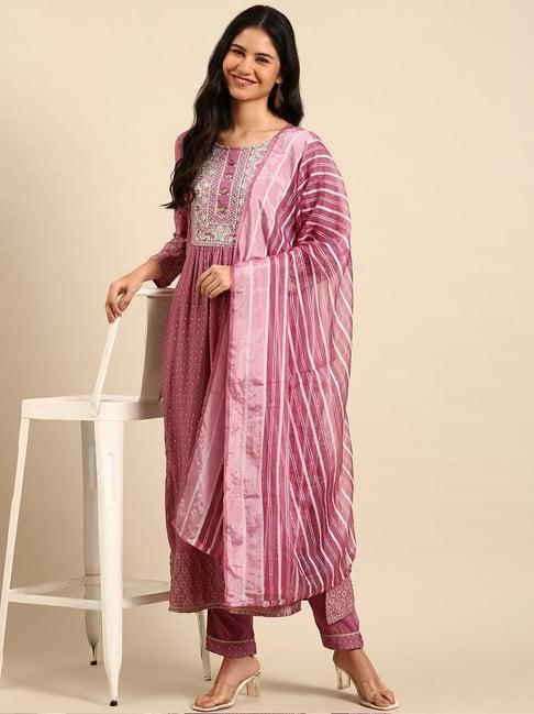 showoff purple cotton printed kurta pant set with dupatta