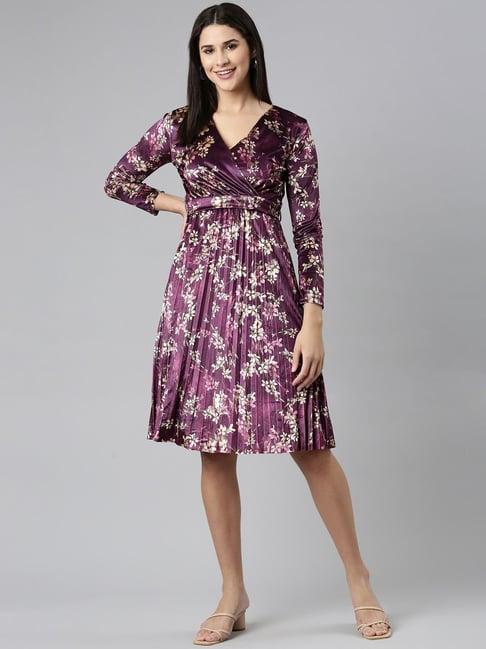 showoff purple floral print a-line dress