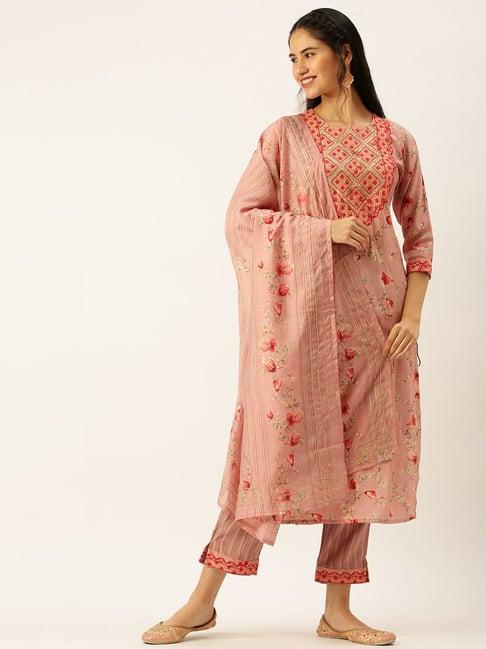 showoff purple floral print straight kurta with pants & dupatta