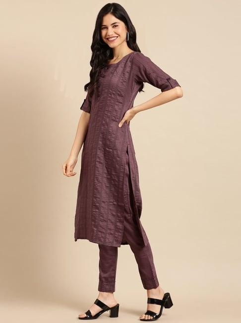 showoff purple striped straight calf length kurta with pants