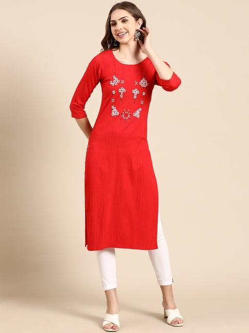 showoff red cotton embellished kurta