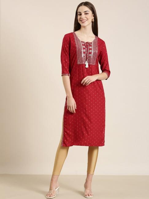 showoff red cotton embellished kurta