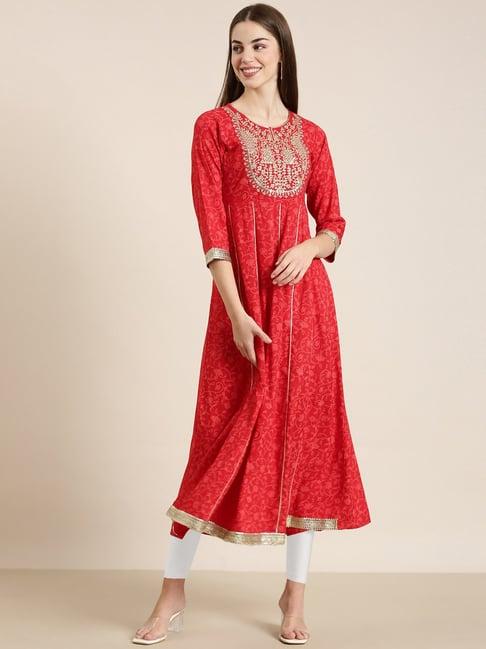 showoff red cotton embellished kurta