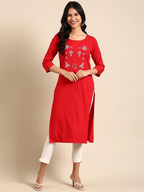 showoff red cotton embellished straight kurta